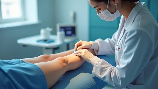 Healthcare professional applying advanced amniotic therapy to a patient’s knee during chronic wound care treatment in a clinical setting