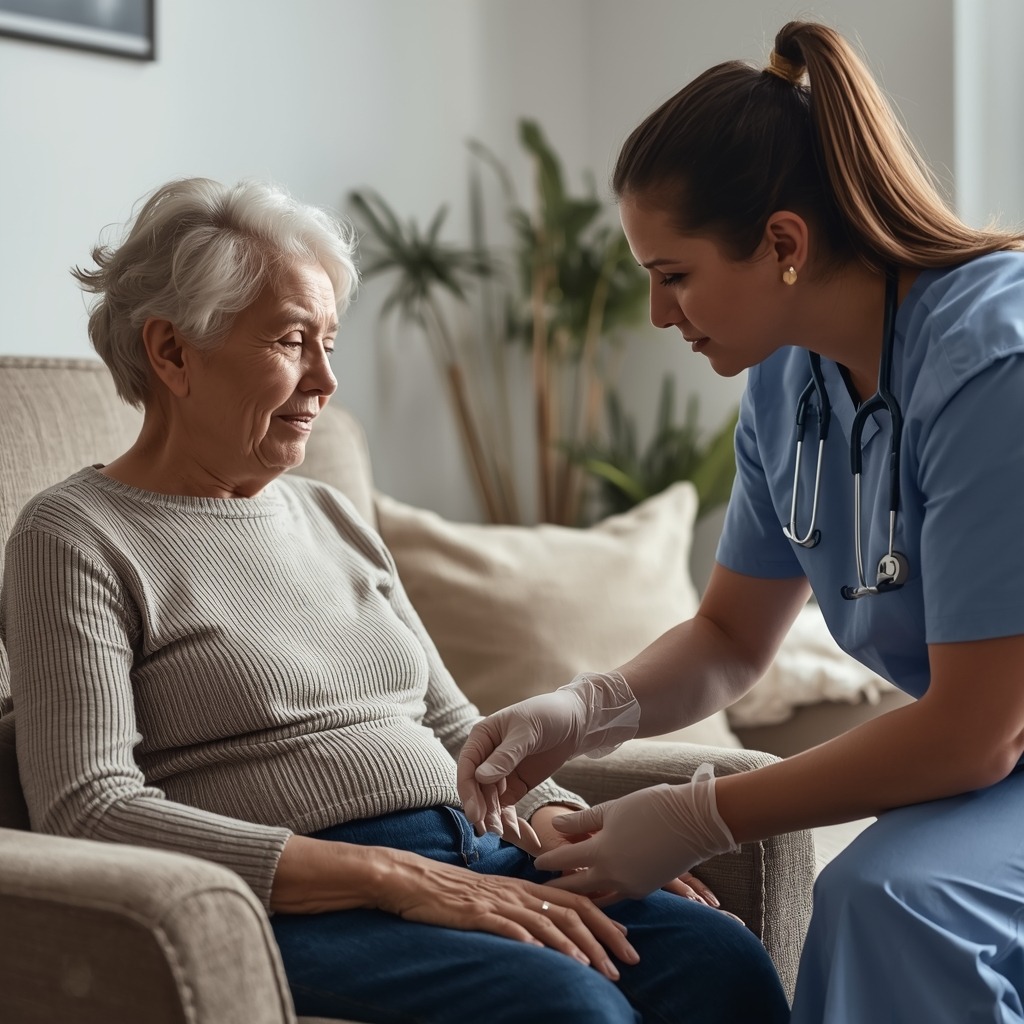 A nurse providing advanced in-home wound care treatment to an elderly patient in a comfortable home setting.