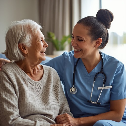 Compassionate nurse providing at-home chronic wound care support to an elderly patient