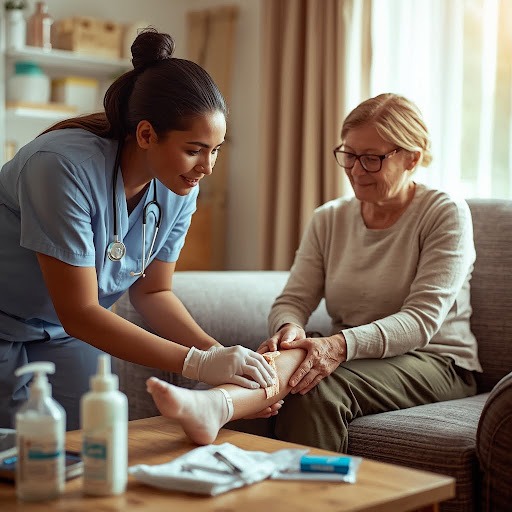 Home healthcare nurse providing chronic wound care and leg dressing change for an elderly patient on a couch during an in-home medical visit.
